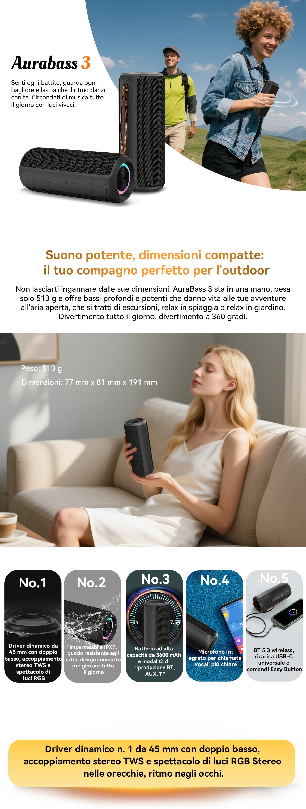 Altoparlante stereo Bluetooth portatile per esterni Blackview AuraBass 3