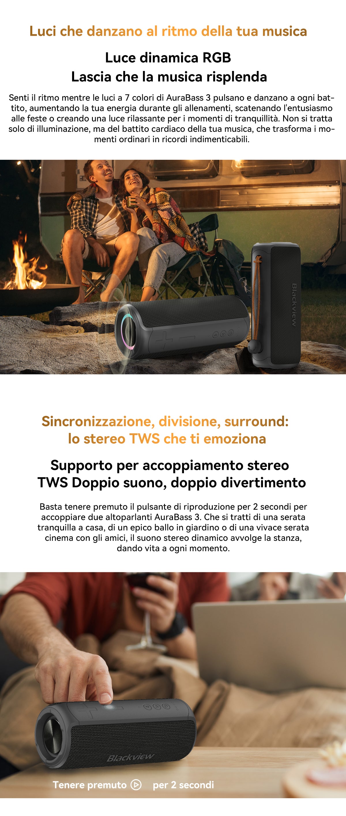 Altoparlante stereo Bluetooth portatile per esterni Blackview AuraBass 3