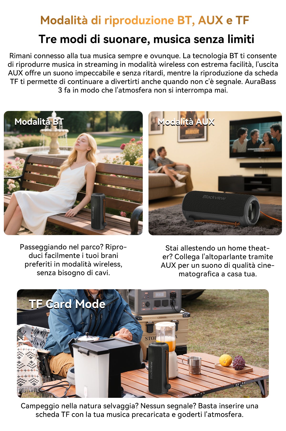 Altoparlante stereo Bluetooth portatile per esterni Blackview AuraBass 3