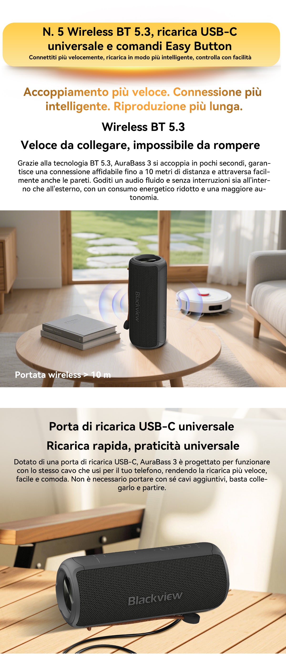 Altoparlante stereo Bluetooth portatile per esterni Blackview AuraBass 3