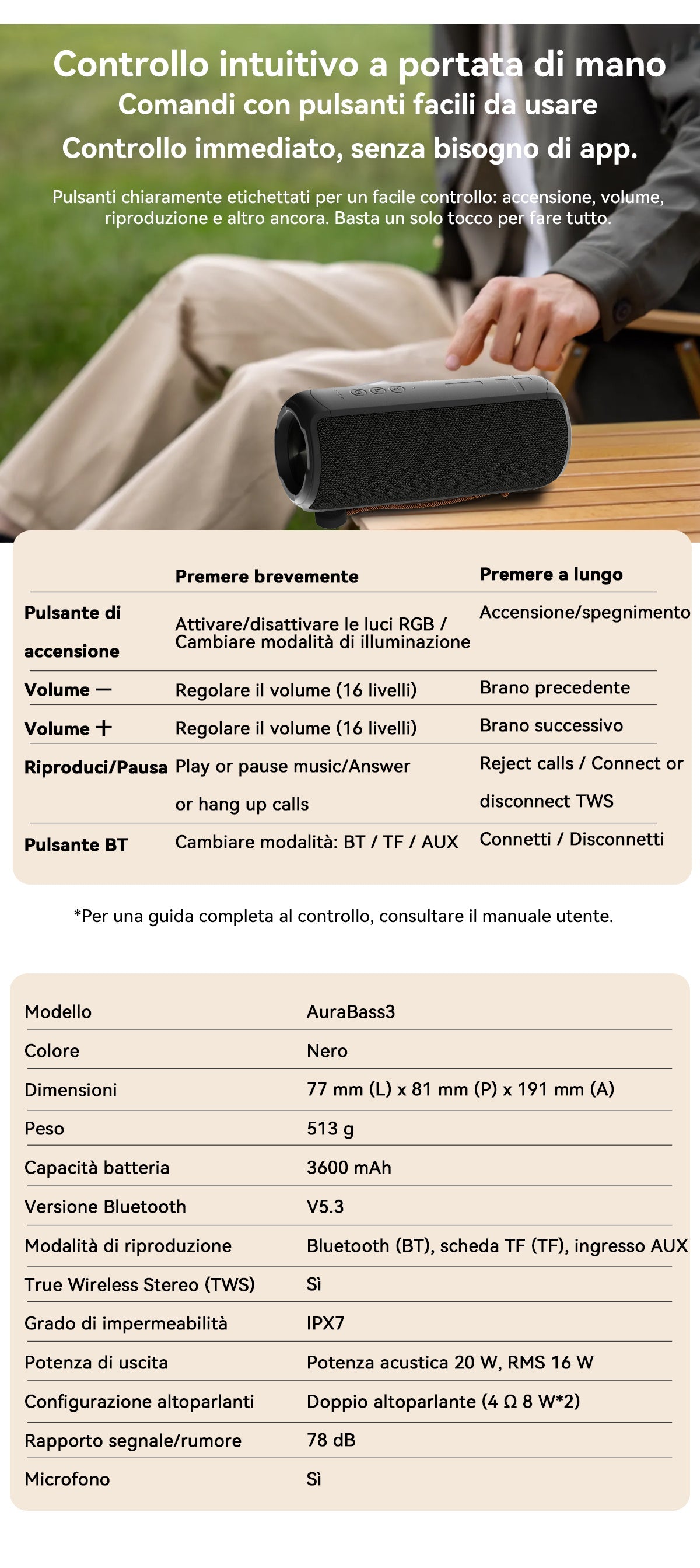 Altoparlante stereo Bluetooth portatile per esterni Blackview AuraBass 3