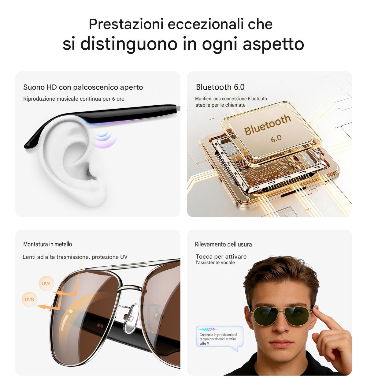 Occhiali intelligenti Blackview D1 Pro IP54 impermeabili per esterni, eleganti e con protezione UV.