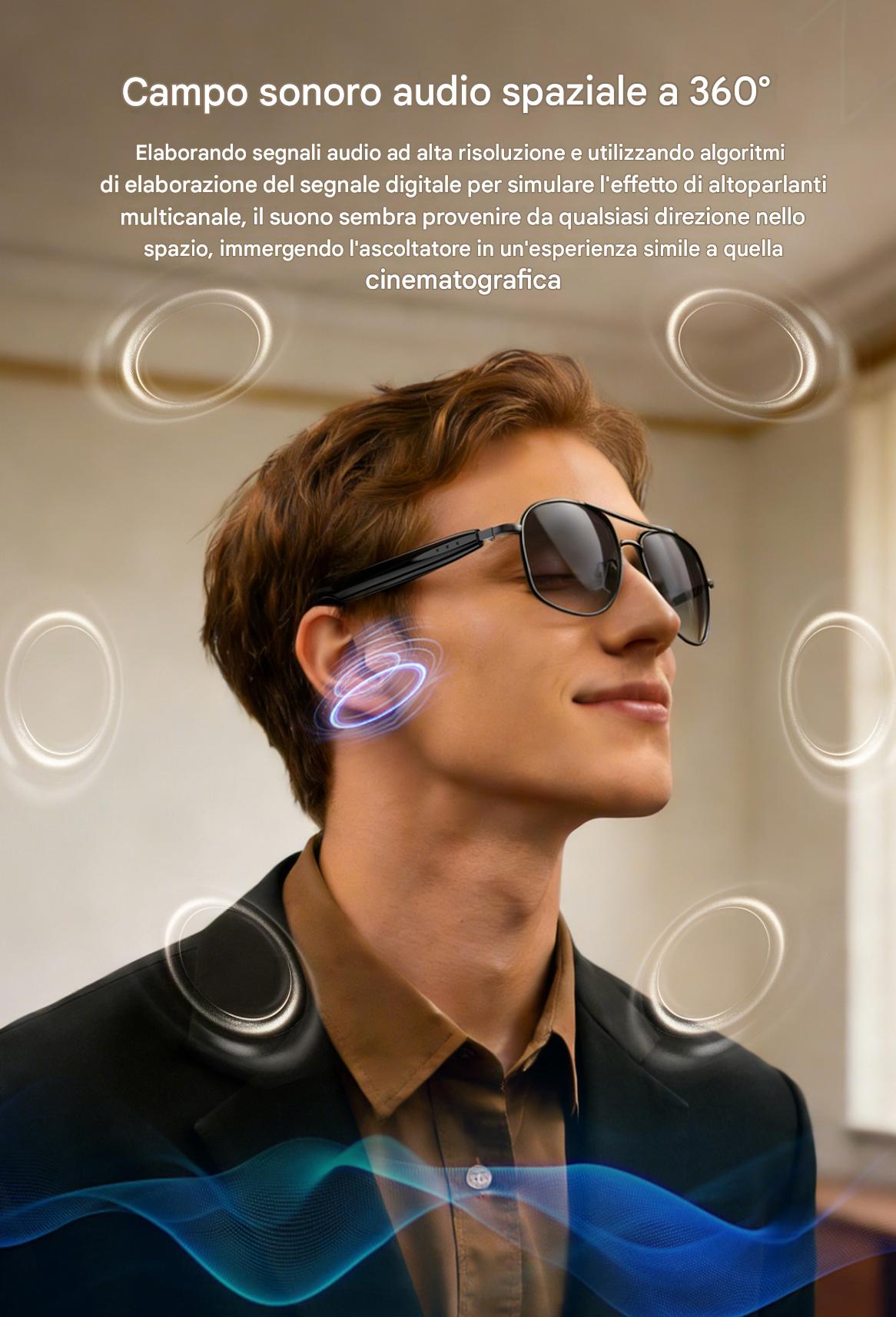 Occhiali intelligenti Blackview D1 Pro IP54 impermeabili per esterni, eleganti e con protezione UV.