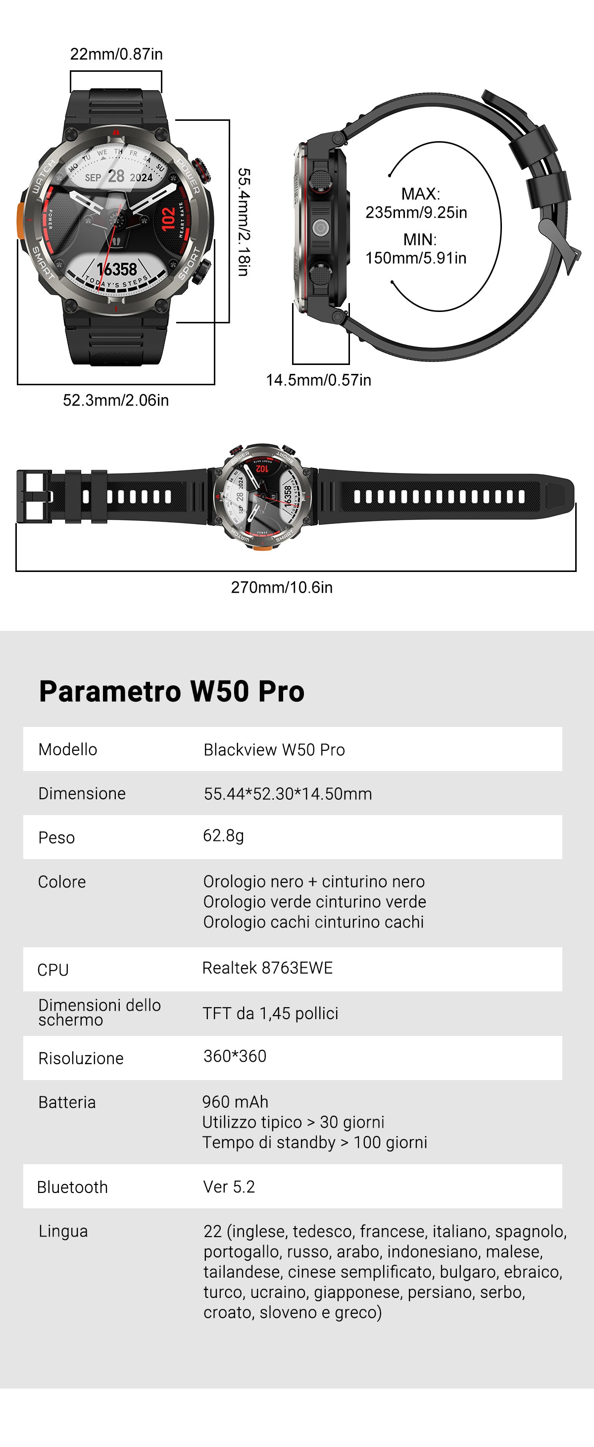 Orologio intelligente robusto Blackview W50 Pro